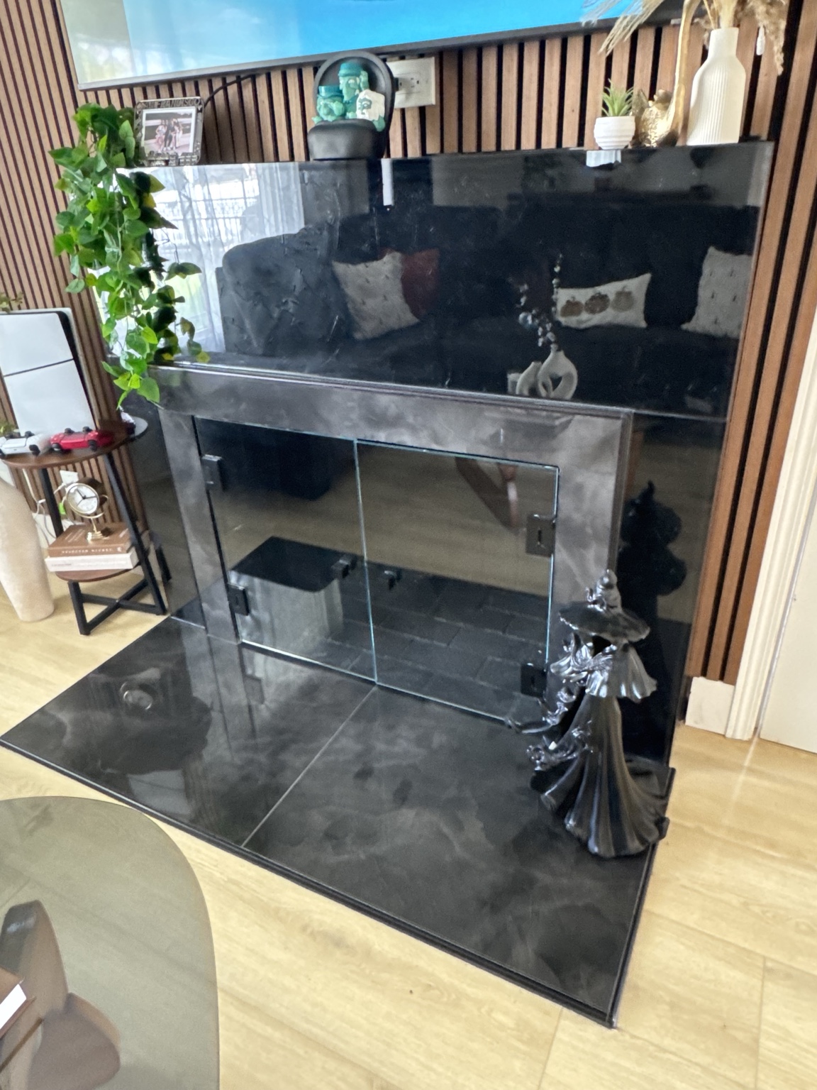 Fireplace with custom glass doors